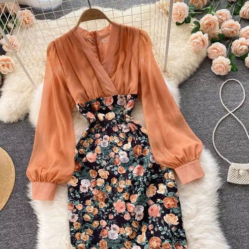 Floral V-Neck Patchwork Empire Dress